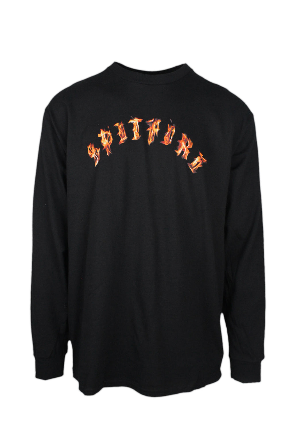 front view of spitfire black long sleeve cotton shirt. features ‘spitfire’ logo printed at chest with ribbed collar/cuffs.