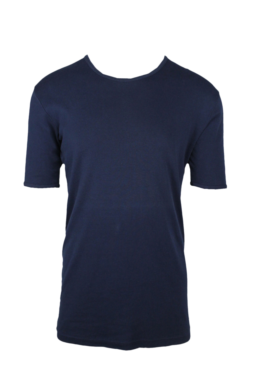 front view of comme des garcons navy cotton t-shirt. features ribbed collar/cuffs.