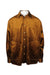 front view of acne studios shimmery burnt brown long sleeve button up velvet esq shirt jacket. features left breast pocket, side hand pockets, and buttons at cuffs.