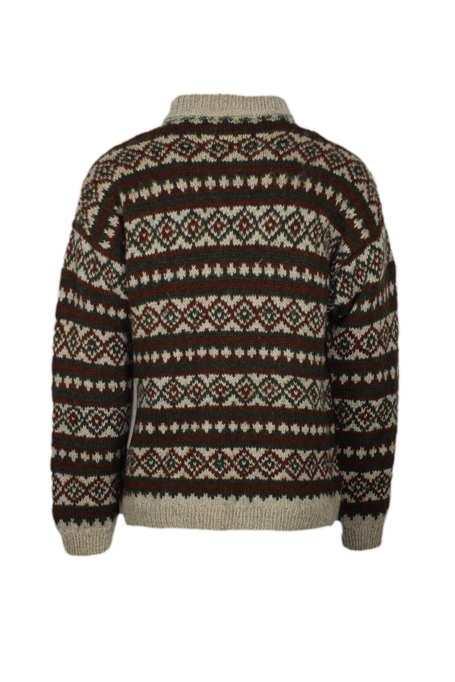 rear view with pattern throughout of sweater.