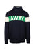 front view of perfect moment navy/nordic green/snow white ‘away’ long sleeve extra fine merino wool knit pullover sweater. features ‘away’ at chest, logo embroidered above left cuff, and ribbed turtle neck collar/cuffs/hem.