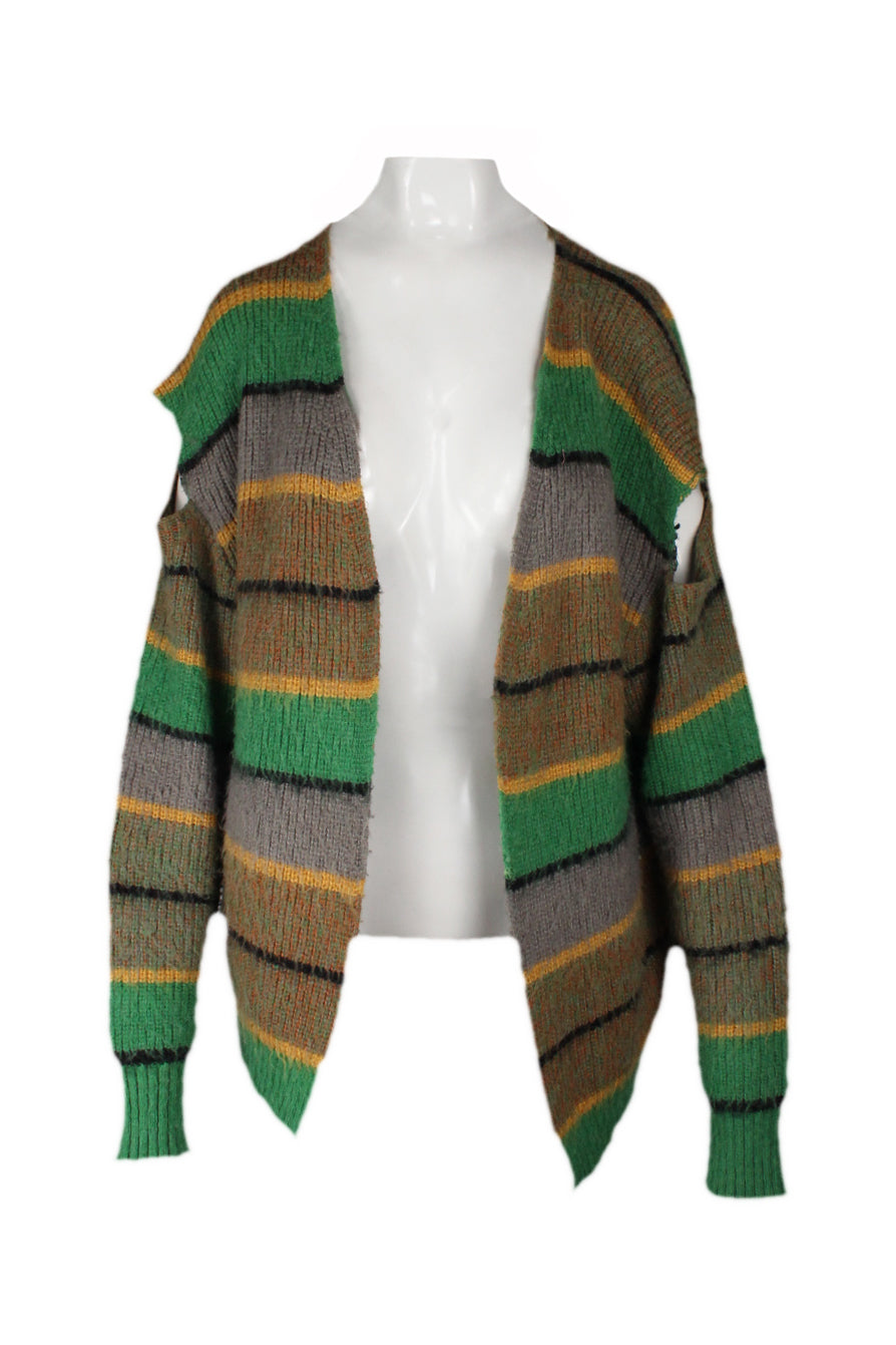 front of perverze green, grey, and yellow striped cardigan sweater. open front design with no closure. cut out shoulders design. outer has pilling throughout, sold in "as is" condition for signs of wear. 