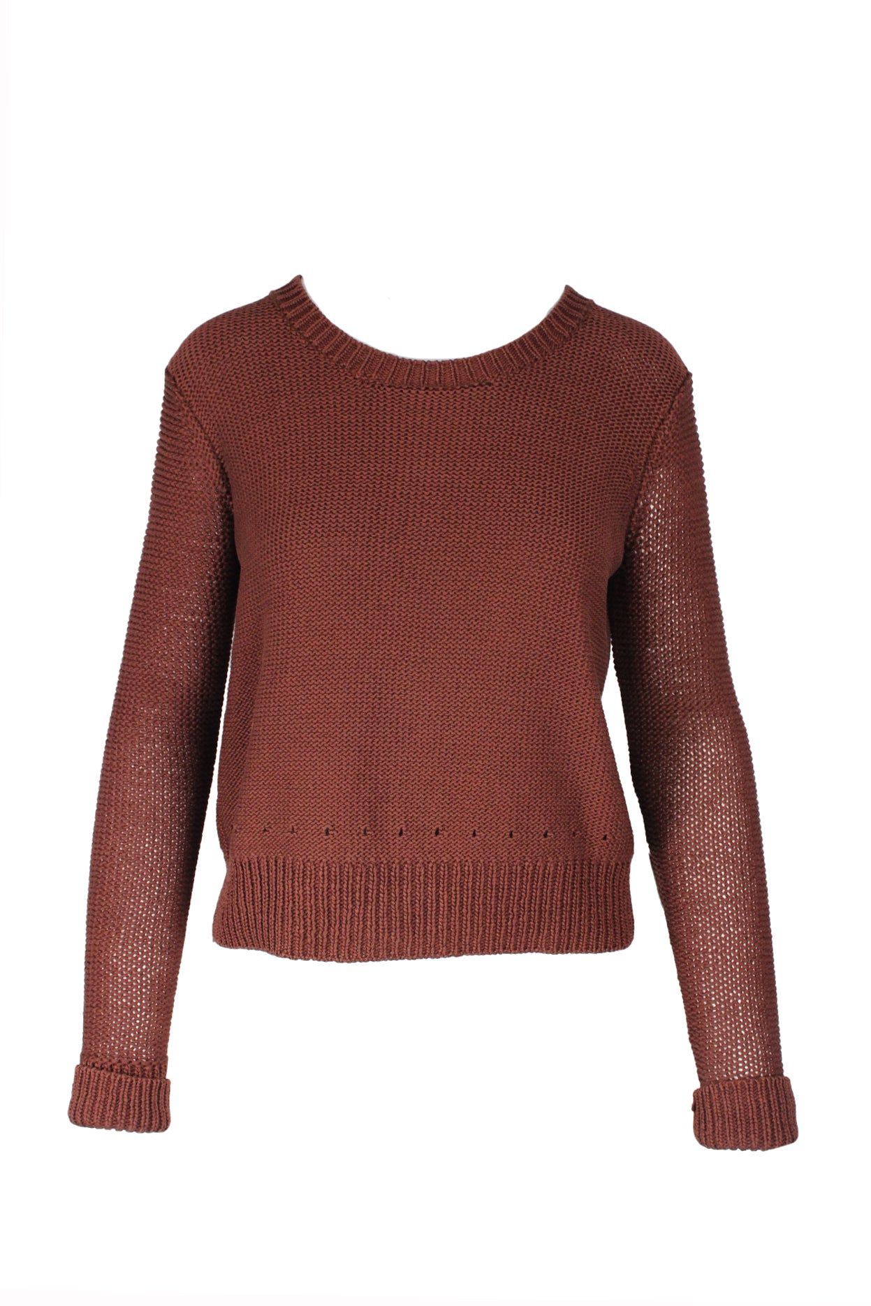 alexander wang brown long sleeve sweater. features crew neckline, ribbed trim, and pull on style; relaxed fit.  detail row of holes near ribbed hem near hip. 