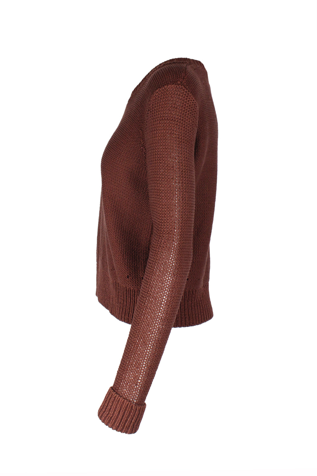 side view of alexander wang brown long sleeve sweater. features crew neckline, ribbed trim, and pull on style; relaxed fit.  detail row of holes near ribbed hem near hip. 