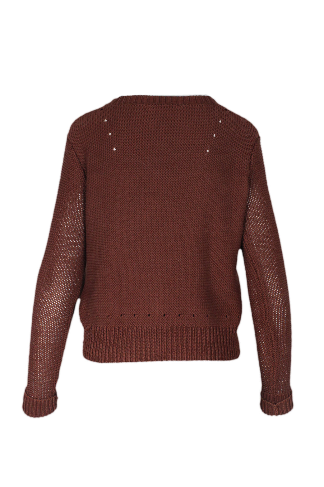 back view of alexander wang brown long sleeve sweater. features crew neckline, ribbed trim, and pull on style; relaxed fit.  detail row of holes near ribbed hem near hip. 