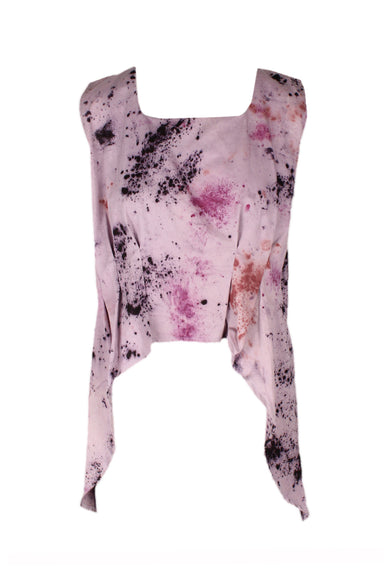 front of maria bouvier pink tie dye sleeveless top. features square neckline, tie dye splash design throughout, tonal stitching, asymmetrical shape, and key hole detail with button closure at back. 