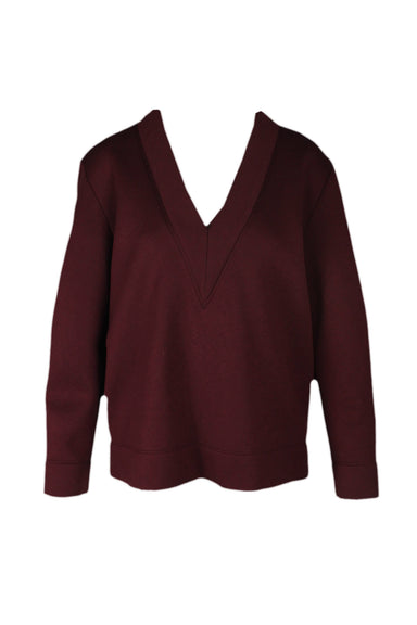 cedric charlier maroon deep v cricket sweater. features double stitching detail at collar, sleeves, and hem. soft plush texture. stitch at center back