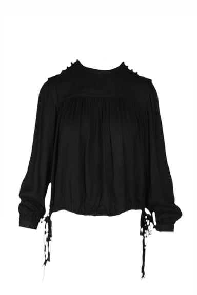 front of isabel marant etoile black long sleeve blouse. features bateau neckline, buttons details at shoulder, adjustable drawstring detail at sides, button closure at cuffs, and pull on style. 