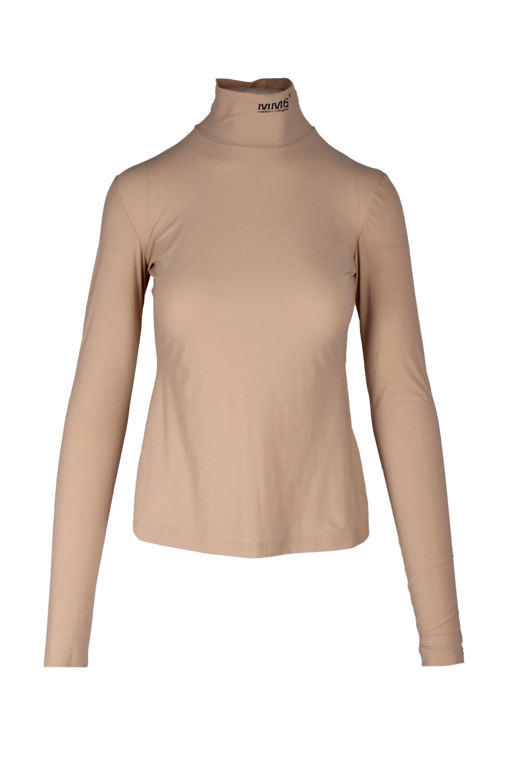 description: mm6 by maison margiela beige-nude fitted top. features turtle neck silhouette, fitted style, long sleeve, and branded at turtle neck. 