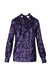 front of marc jacobs purple long sleeves print shirt. features camouflage pattern throughout, self tie detail at neck, v neckline, button at cuffs, and snap button closure; slim fit. 