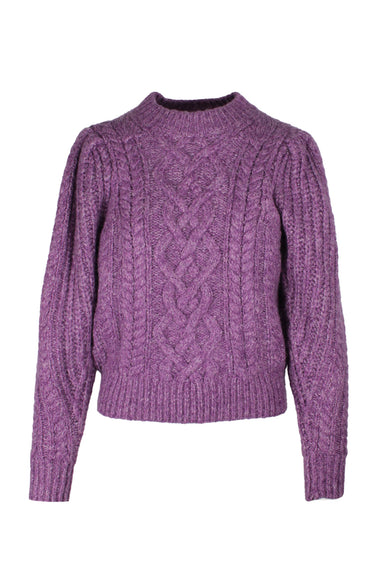 description: isabel etoile marant purple knitted long sleeve sweater. features ribbed hem throughout, rounded neckline, loose fit, and slight balloon sleeves. 
