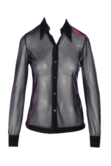front of  maison margiela black holographic button down shirt. features iridescent holographic effect throughout, pointed collar, button at cuffs, and button closure.