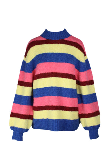 front of steele multicolor long sleeve sweater. features stripes design in pink/burgundy/yellow/blue throughout, ribbed trim, high neckline, and pull on style; relaxed fit. 