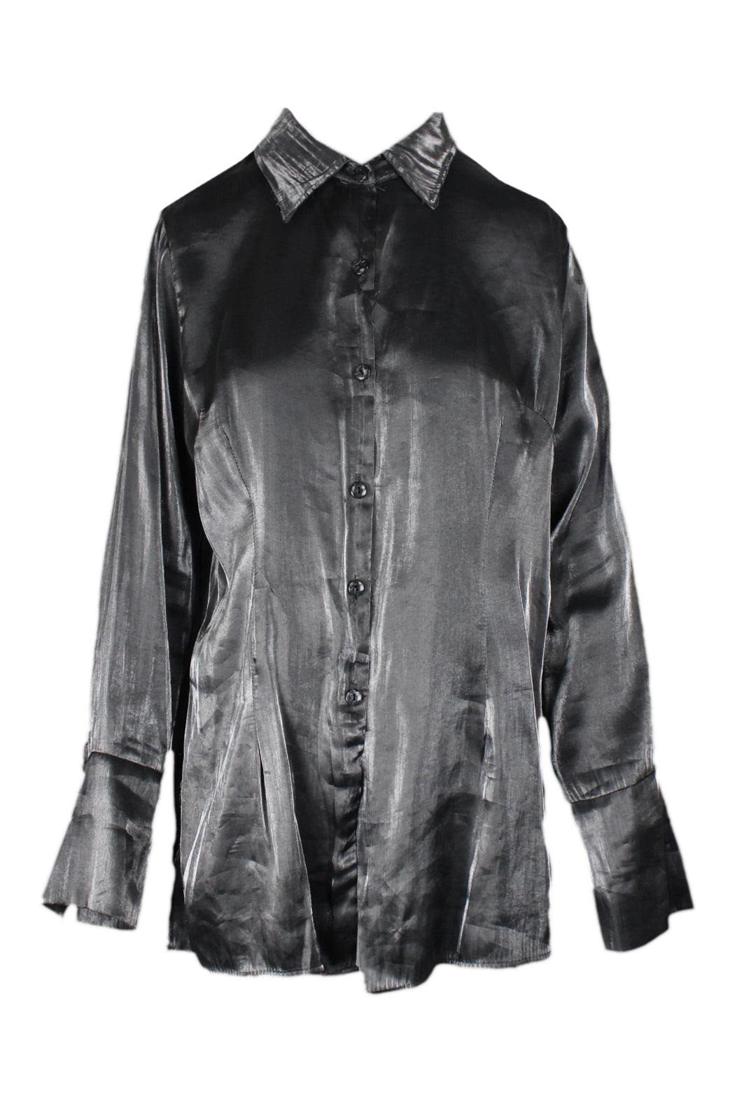 front of vintage be bop silver metallic long sleeve button up. features spread collar, slit at sides, button at cuffs, and button closure. 