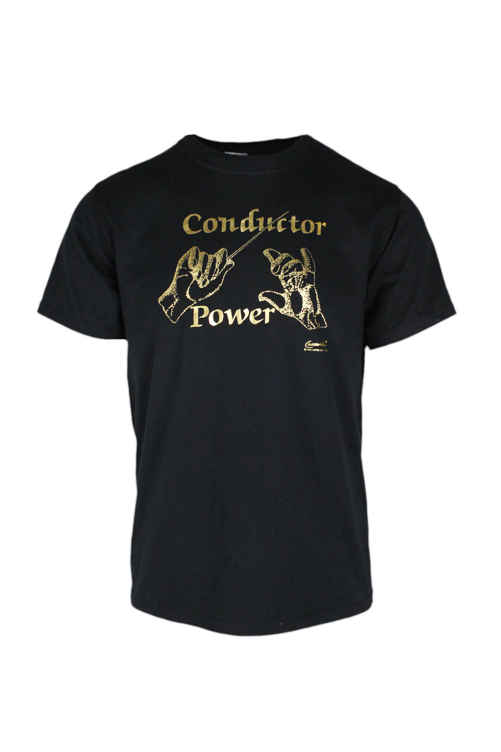 front view of vintage 90’s black jerzees heavyweight blend t-shirt. features ‘conductor power’ graphic printed at chest, ‘cassandra. co 1996 gates dist. co. inc.’ printed below front graphic, and ribbed at collar.
