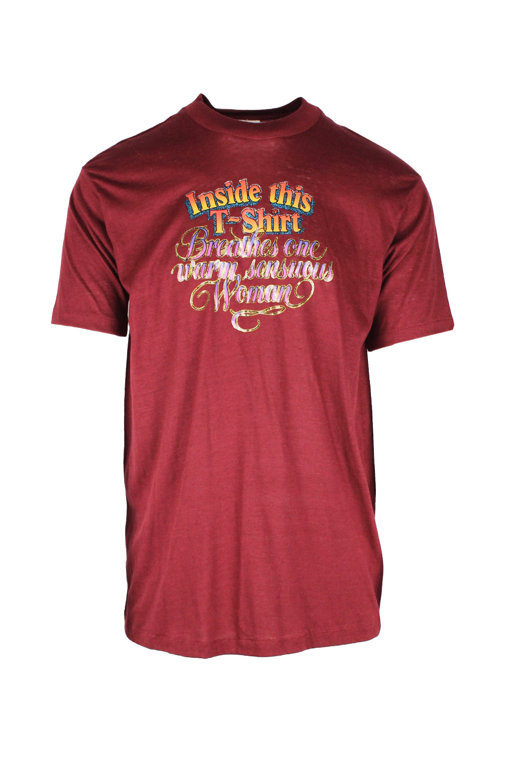front view of vintage maroon bantams t-shirt. features ‘inside this t-shirt breathes one warm sensuous woman’ glitter printed at chest with ribbed collar.
