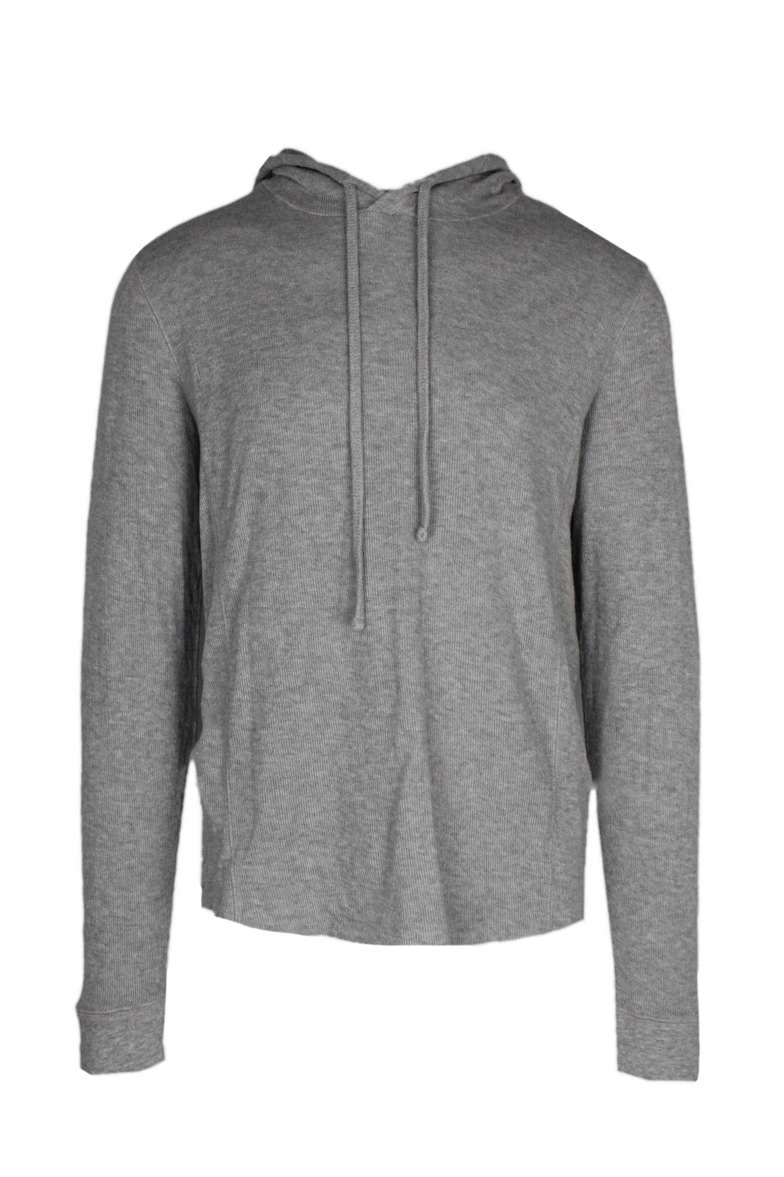 front view of vince grey pullover thermal hoodie. features drawstring at hood and ribbed cuffs.