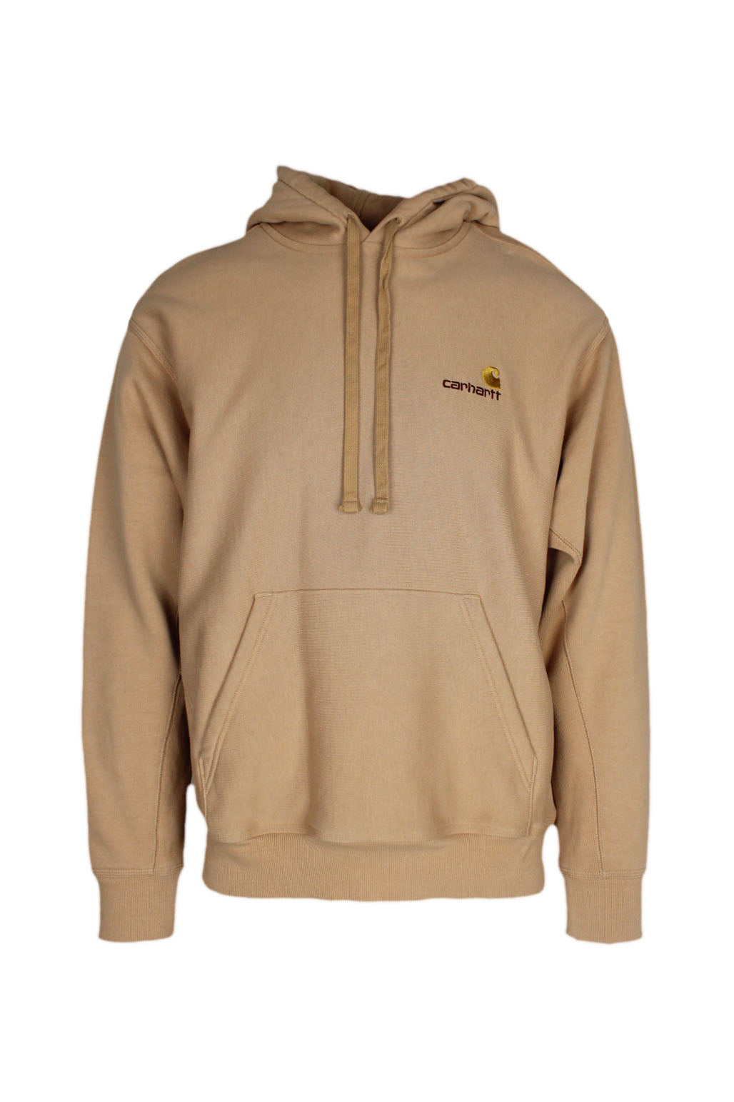 front view of carhartt work in progress carmel ‘american script’ pullover hoodie. features ‘carhartt’ logo embroidered at left breast, drawstrings at hood, and ribbed cuffs/hem.
