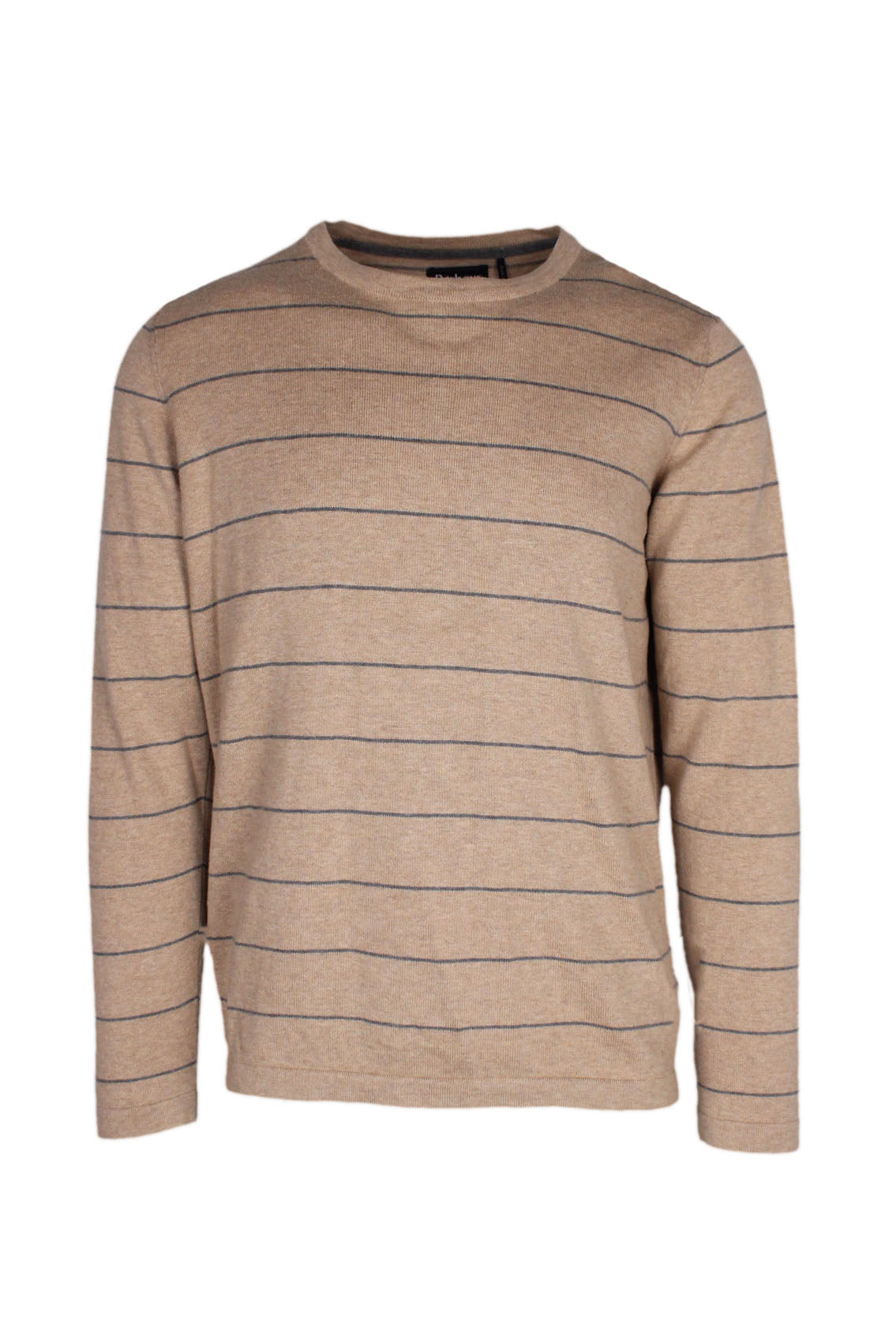 front view of barbour beige/grey pullover cotton/cashmere blend sweater. features striped pattern throughout, ‘barbour’ logo tab at left side above hem, and ribbed collar/cuffs/hem.