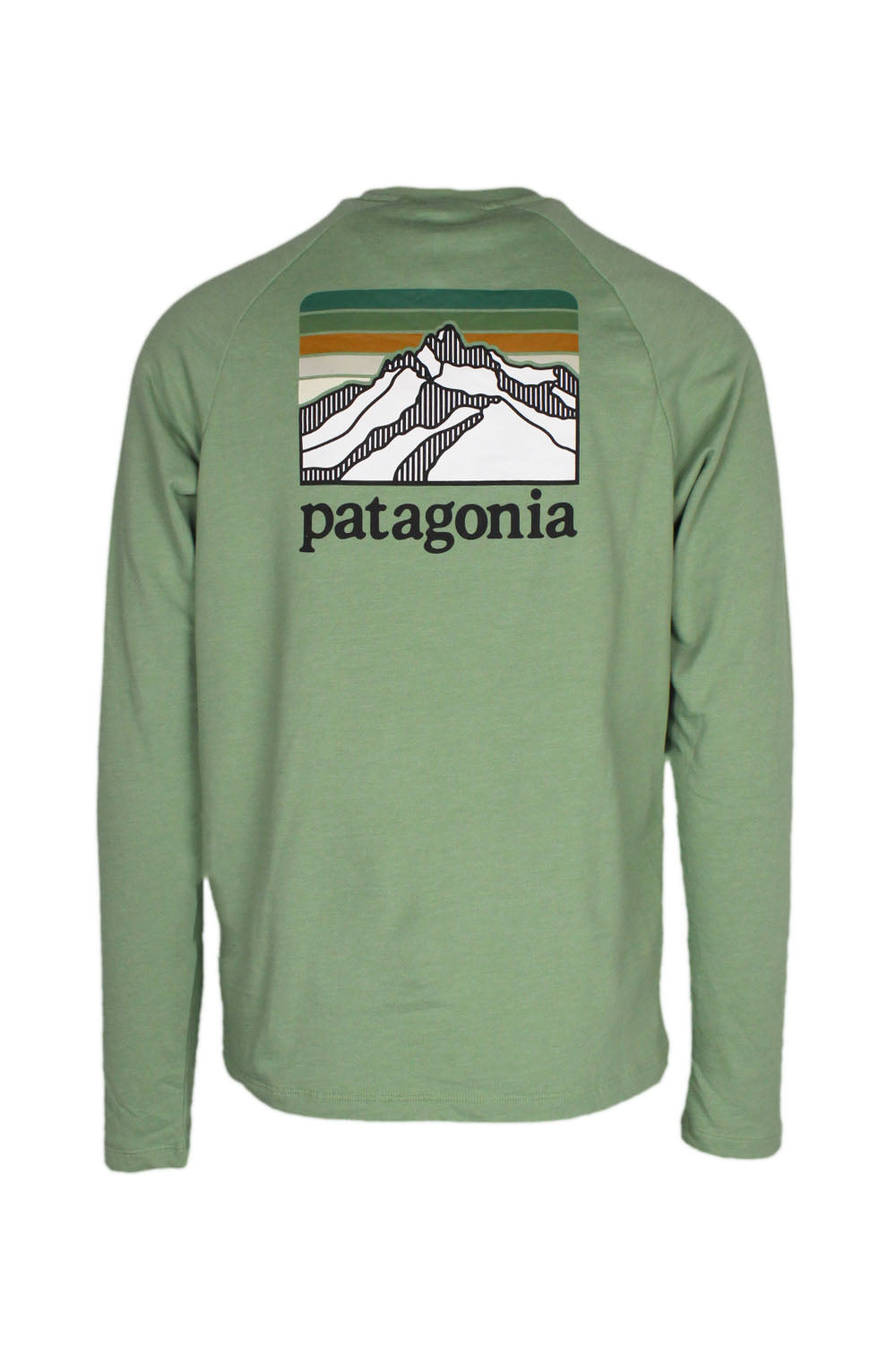 rear view with 'patagonia' logo graphic printed at back of sweatshirt.