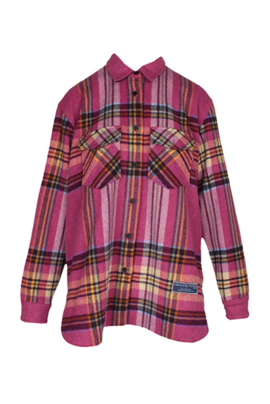 front of we11 done pink wool long sleeve jacket. features plaid pattern throughout, spread collar, patch pockets at bust, button at cuffs, embroidered tag near hem, slit at sides, and button closure. 