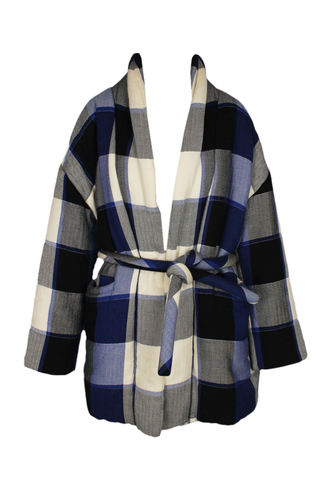 mara hoffman quilted plaid kimono jacket. features two welt pockets and wrap around strap. one internal lined pocket on chest. 