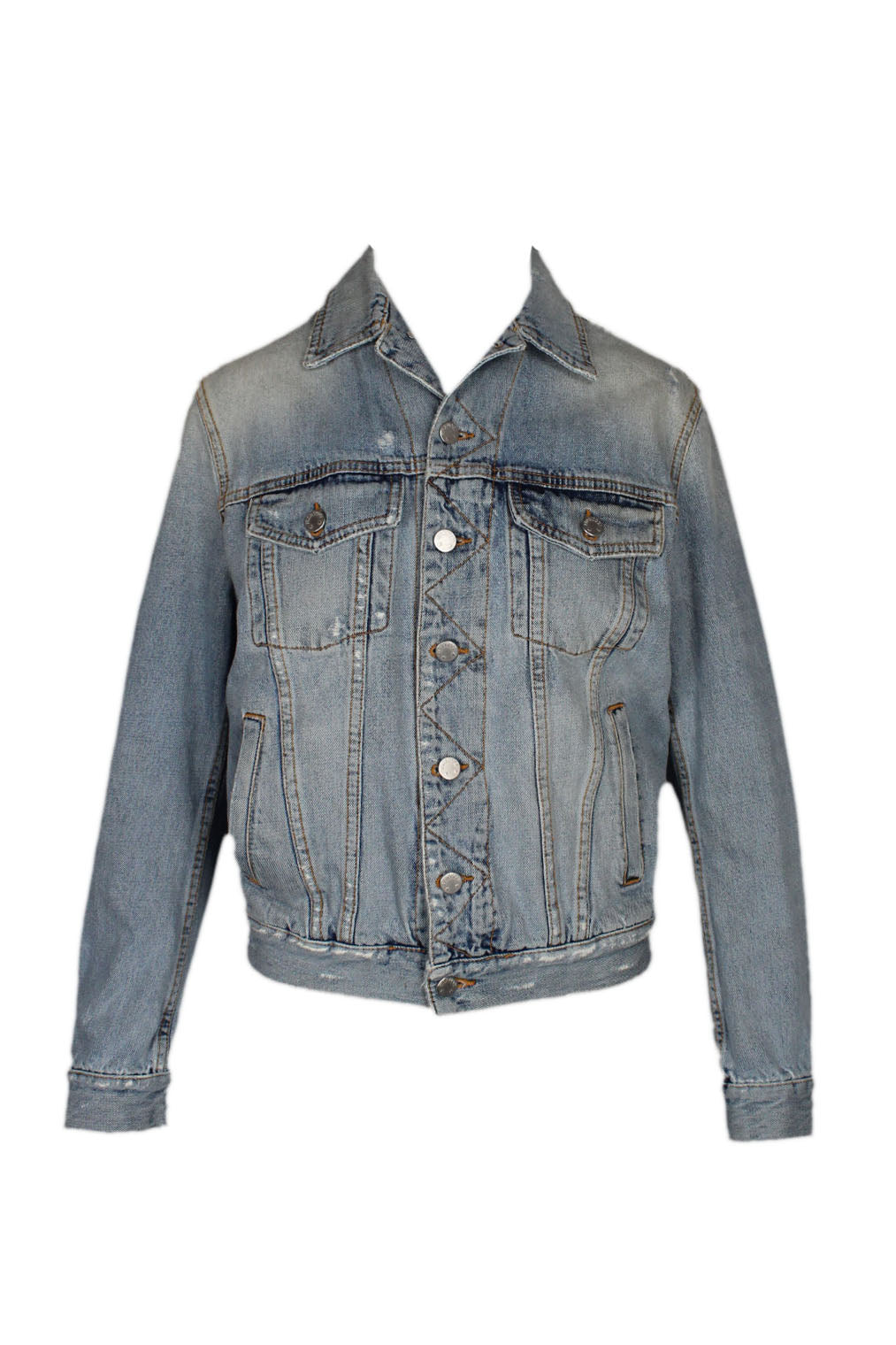 front of  fiorucci blue denim long sleeve trucker jacket. features faded and distressed detail throughout, flap pockets with button closure at bust, side welt pockets, buttoned sleeves, back patch graphic 'fiorucci angels', and button closure.