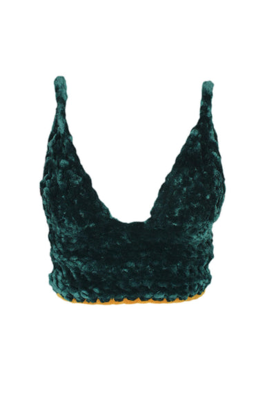 front of unlabeled green chunky knit tied bralette top. triangle top with 7" waistband. back criss-crossed adjustable lace-up tied closure. 