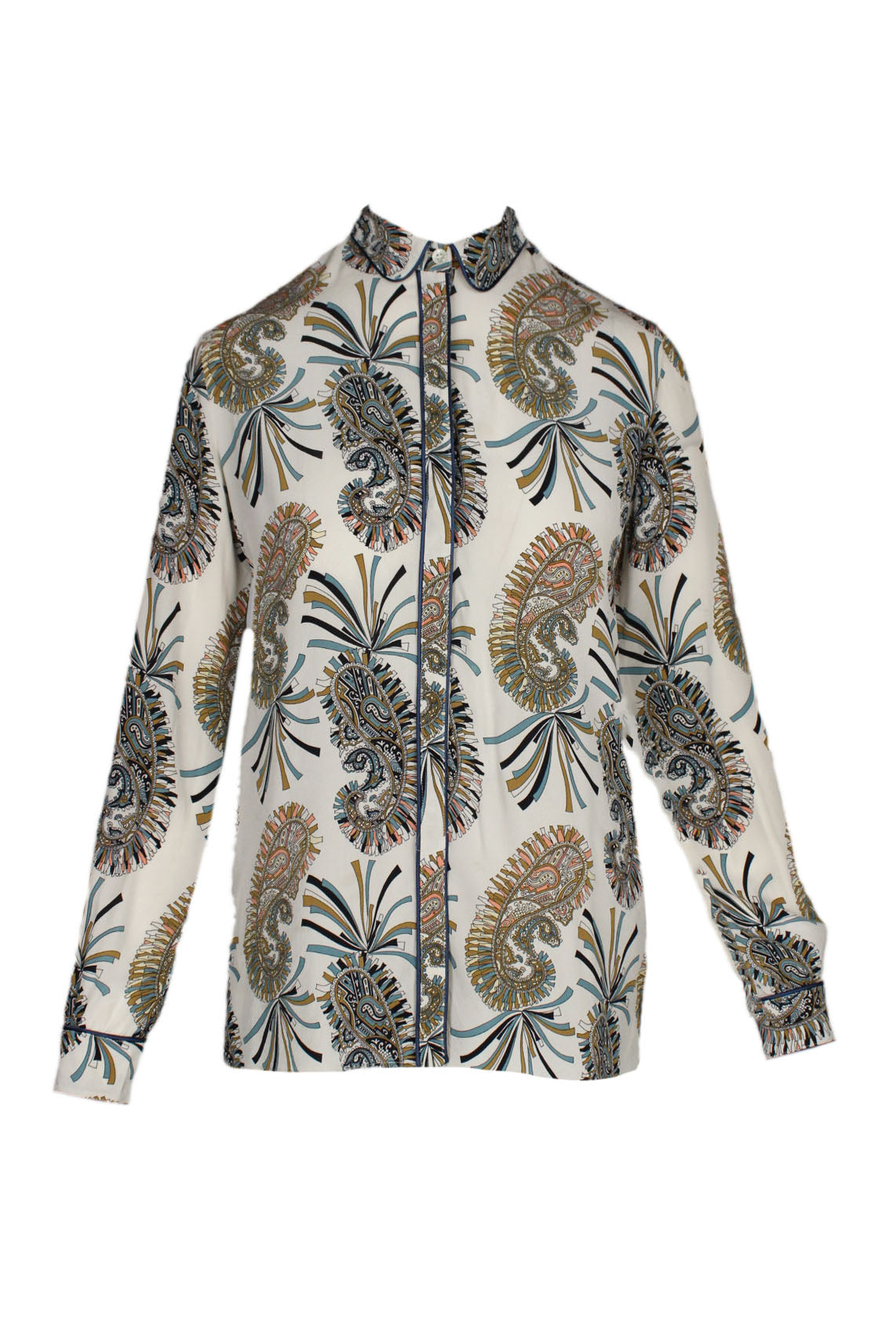 front of etro light grey printed silk long sleeve button-down blouse. abstract paisley allover print. blue piping trim detailing. concealed button-down front closure. buttoned sleeve cuffs. 