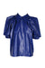 front of  julia allert blue vegan leather blouse. exaggerated collar design. puff sleeves with elastic cuffs. boxy silhouette. back zippered closure. small nick in material at back near collar (see photos).