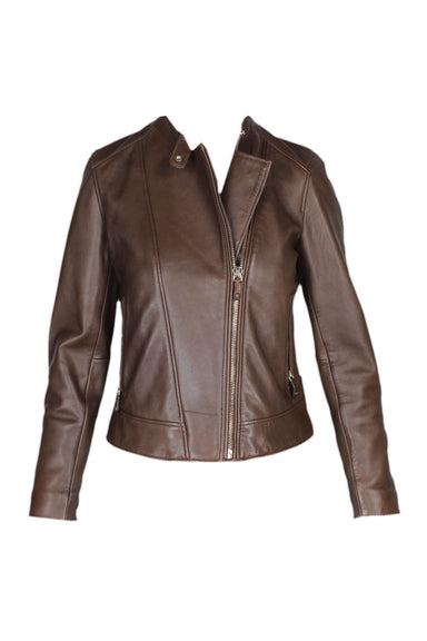 front of massimo dutti brown sheep leather jacket. cafe racer silhoutte. zippered front closure. zippered side pocktes. zippered sleeve cuffs. snap closure collar