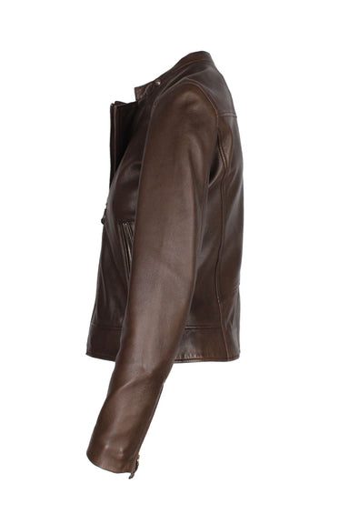 side of brown leather cafe race jacket. zippered side pockets