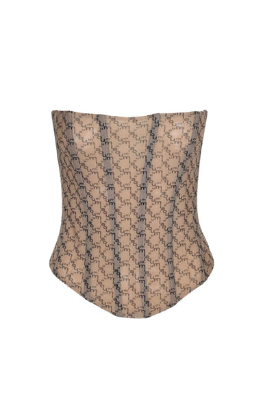 front of miaou brown monogram strapless top. features corset style, brand logo print throughout, internal boning, and exposed back zip closure.
