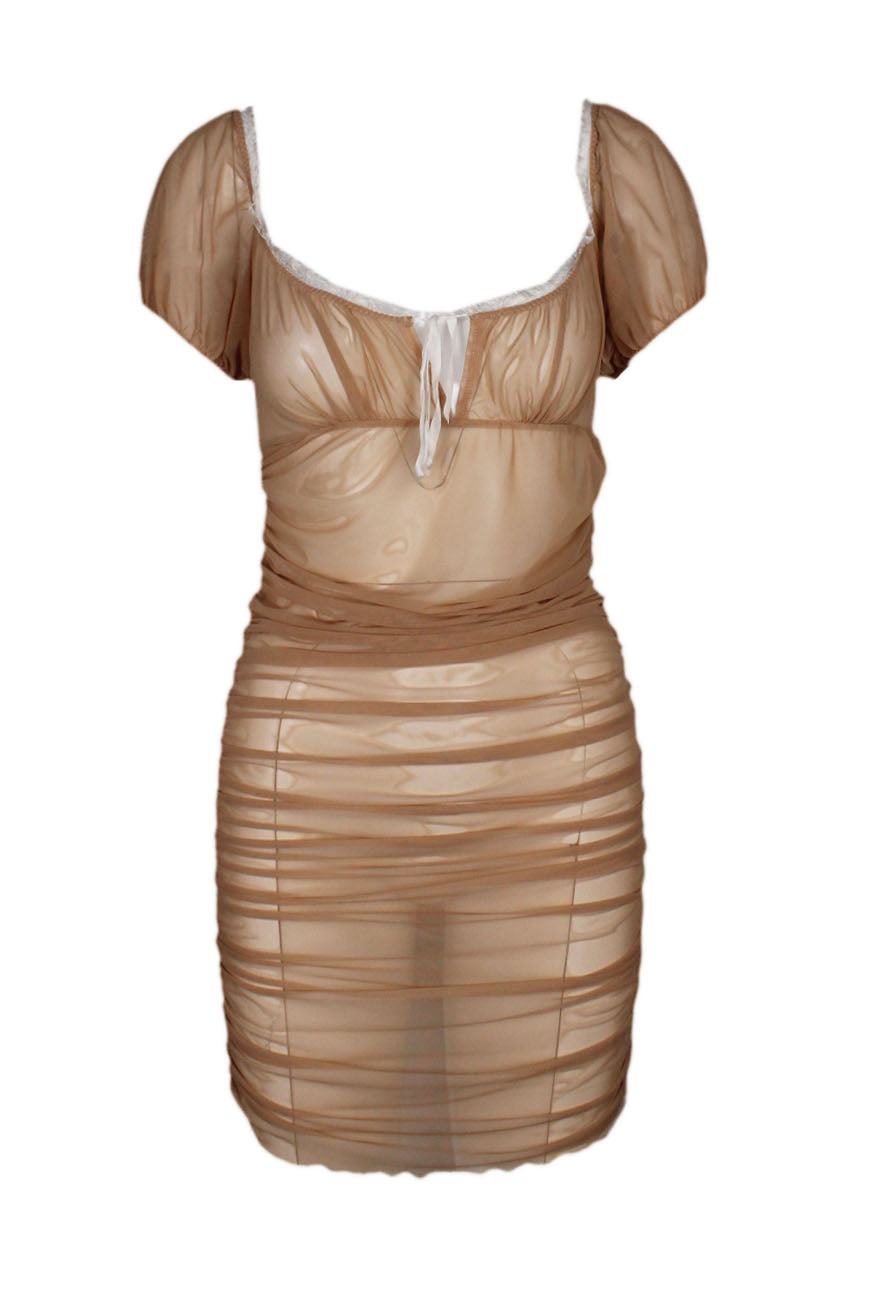 front of daisy brown mesh ruched short sleeve mini dress. features square neckline, lace detail at trim, self tie at neckline, draped design throughout, and pull on style; bodycon fit. 
