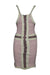 eckhaus latta purple and green sleeveless bodycon dress. features pink and plum knit fabric with light green and cream cross section details and 3 straps that tie around the waist towards the back. very soft to touch