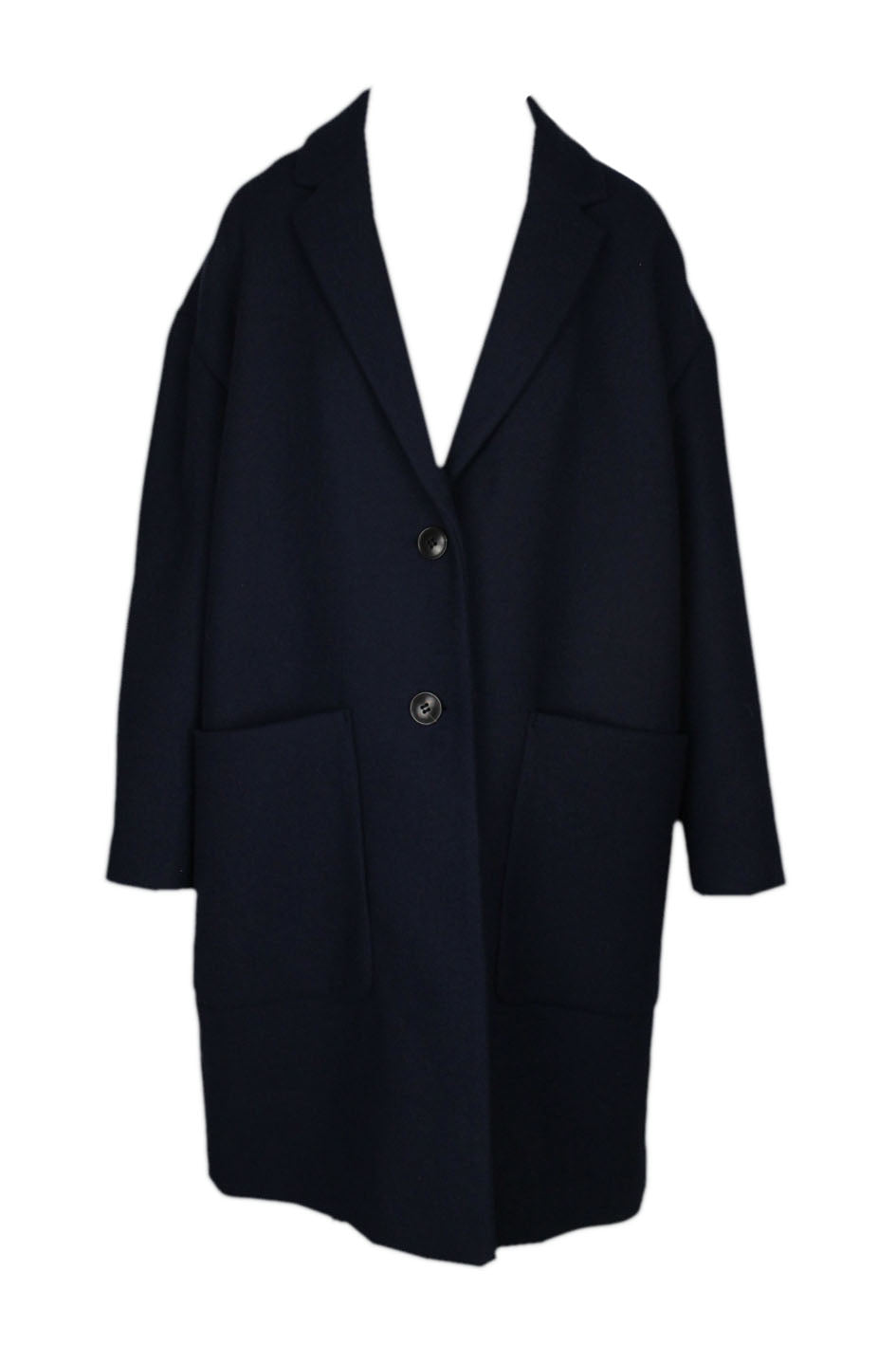 front of madewell "the dream coat" navy oversized wool coat. original tags attached. 2-button front closure. large square side pockets. 