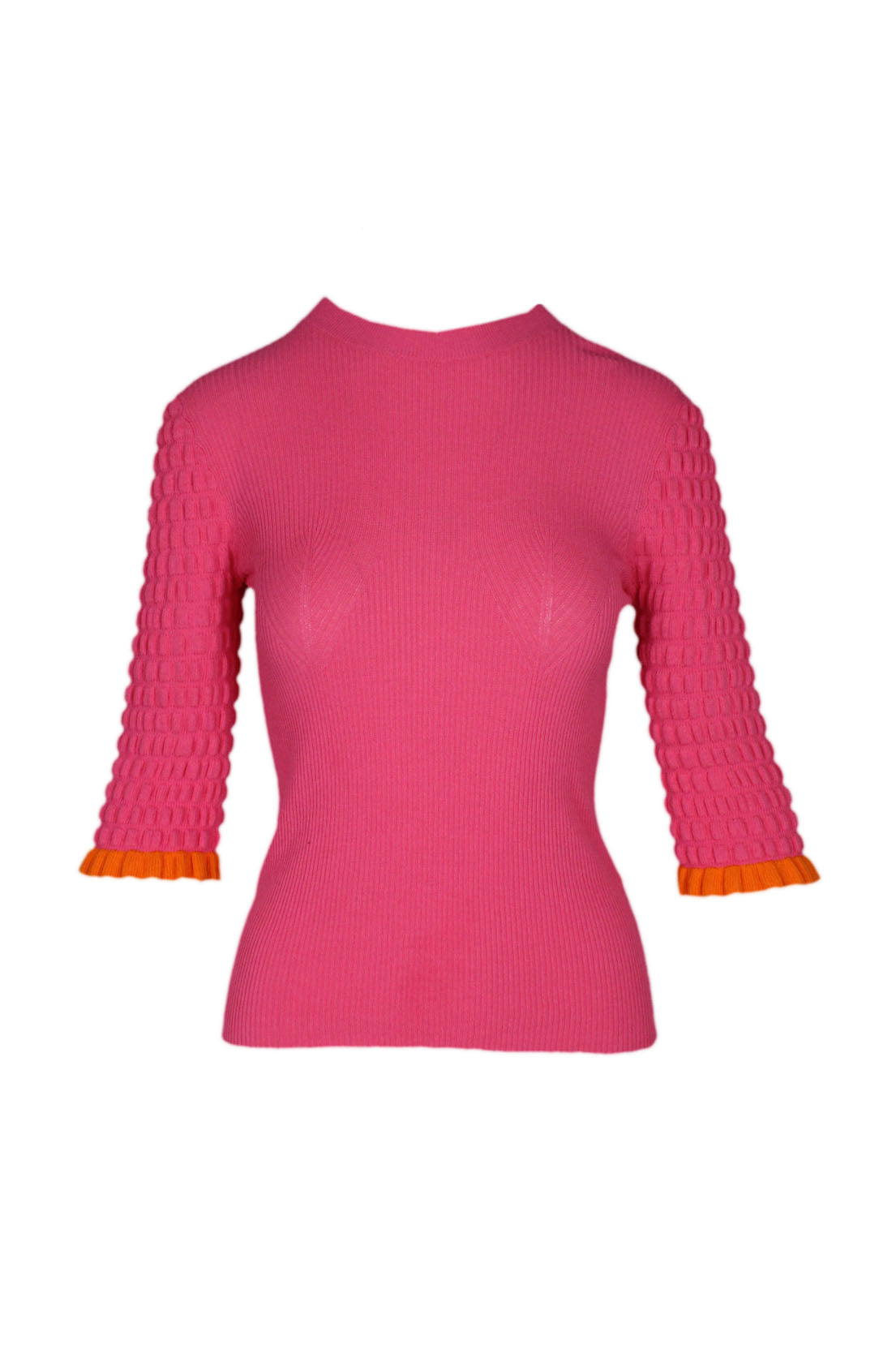 front of see by chloe hot pink ribbed sweater. features crew neckline, ribbed design throughout, 3/4 sleeves, contrasting trim in orange, and pull on style.  