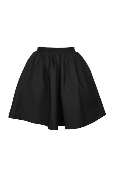 acne studios black mini skirt. features a line fit, flared body, welt pockets, side zipper, elastic waist band. outer shell stiff texture to touch