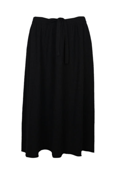 front of demylee ny black 100% cashmere simple a-line skirt. original tags attached. adjustable tie belt waist