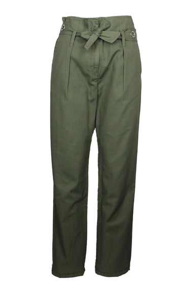 sandro green pants. features brass belt with grommets lined across, two back pockets, and stitch dart details along waist that come down towards front pockets. bottom hem stitch details. high waist cut with zipper and hook closures
