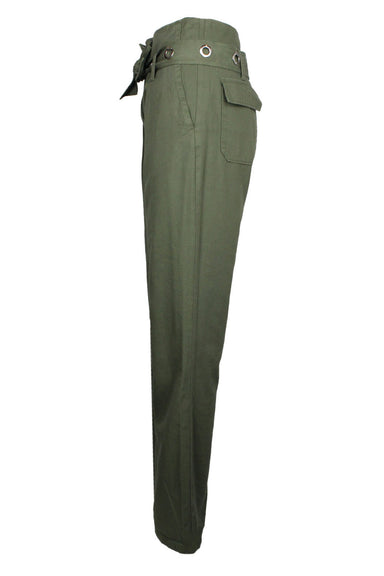 side view of sandro green pants. features brass belt with grommets lined across, two back pockets, and stitch dart details along waist that come down towards front pockets. bottom hem stitch details. high waist cut with zipper and hook closures