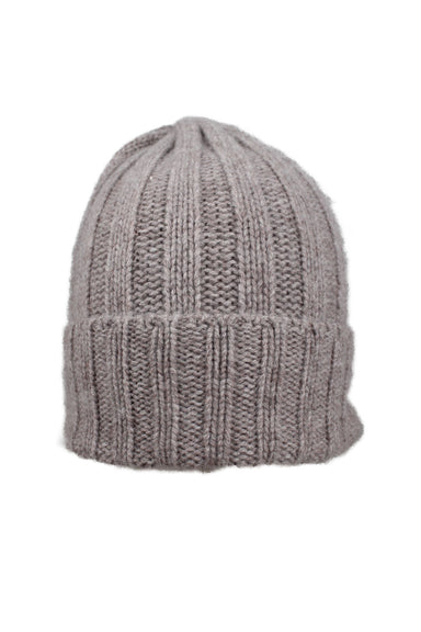front of the cashmere project warm grey cashmere knit beanie. one size fits most. stretch knit.