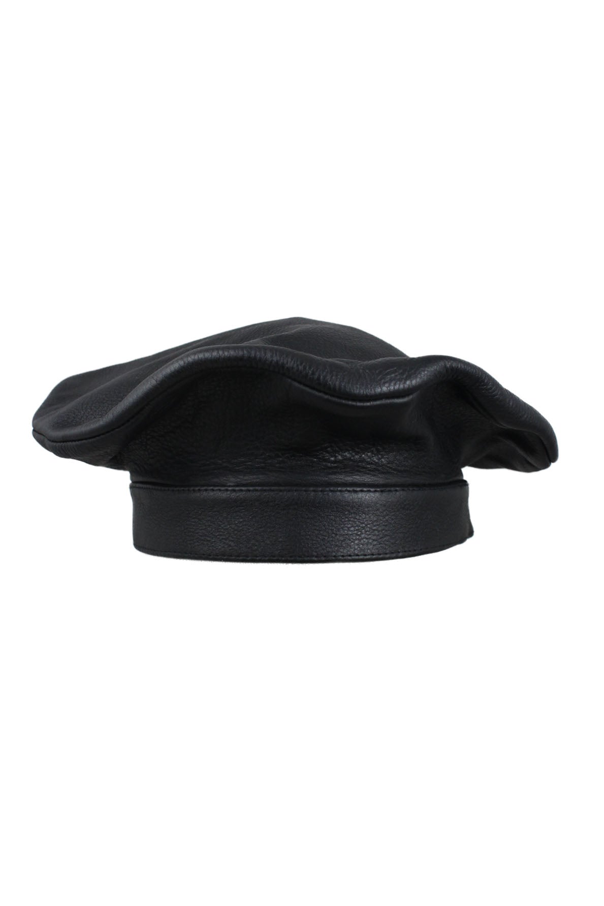 front of unlabeled black leather beret hat. 1" crown band, and aprox 9" diameter circular top. 