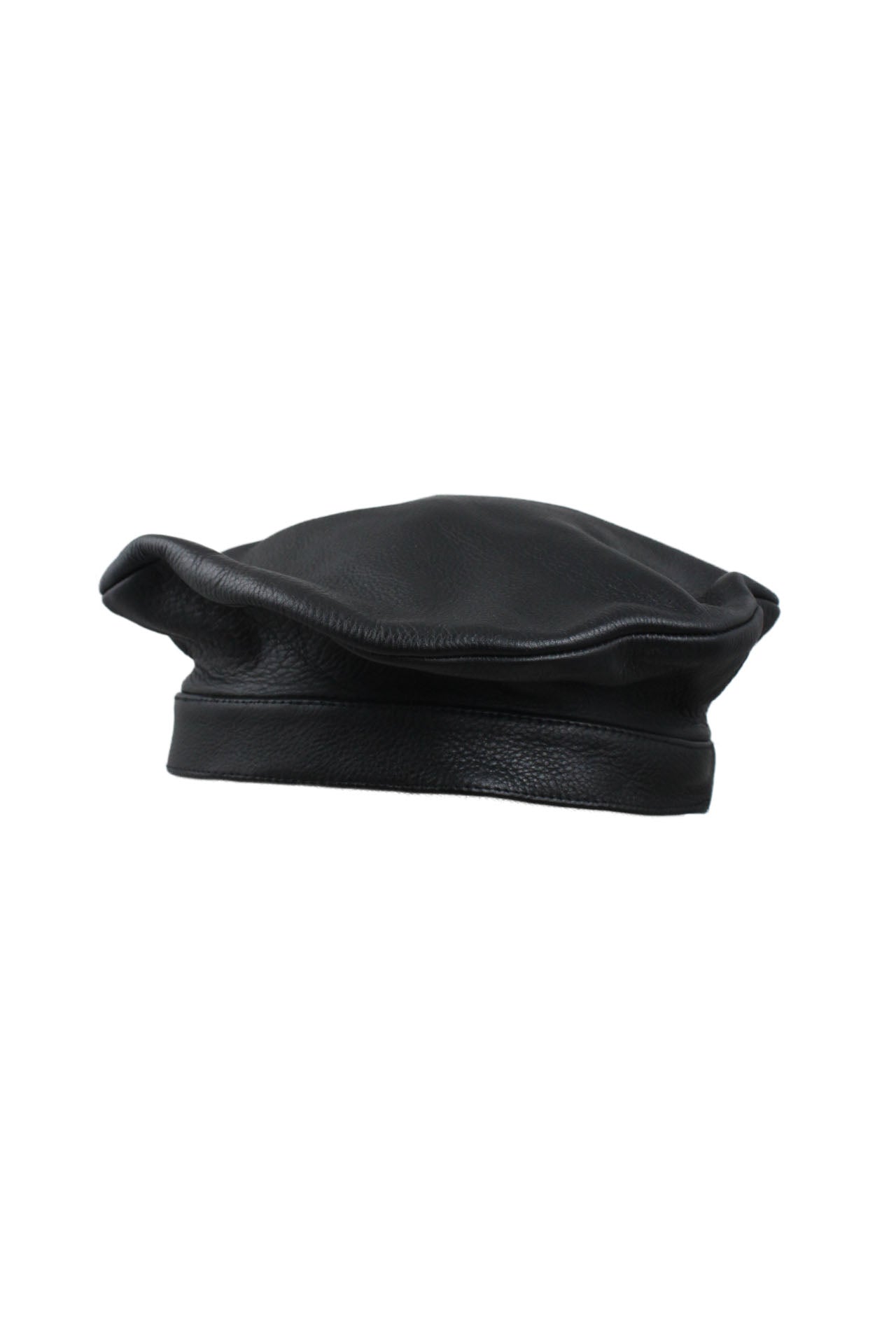 profile of black leather beret hat