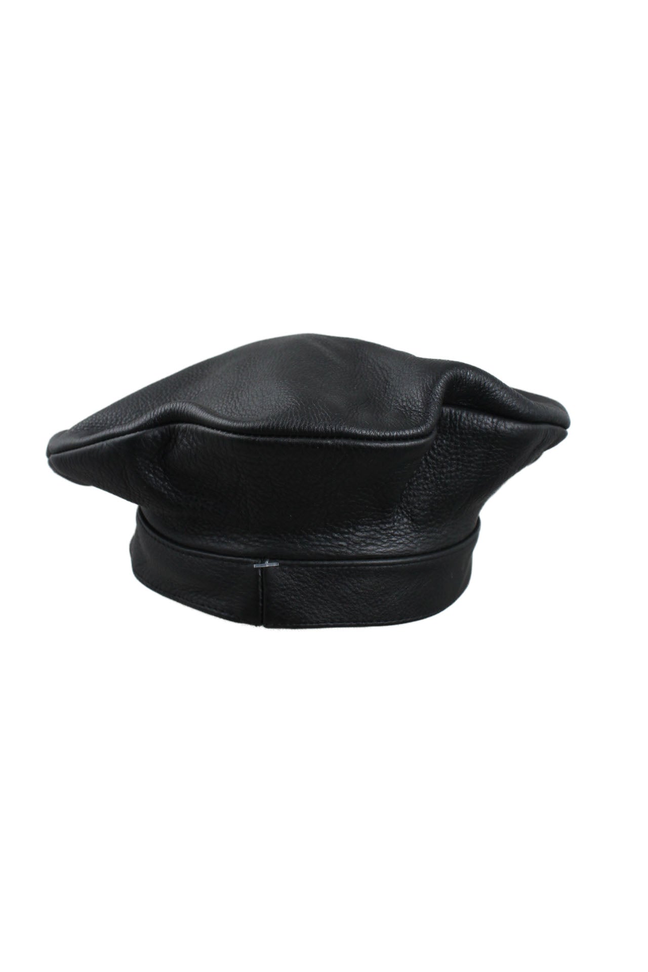 back of black leather beret hat
