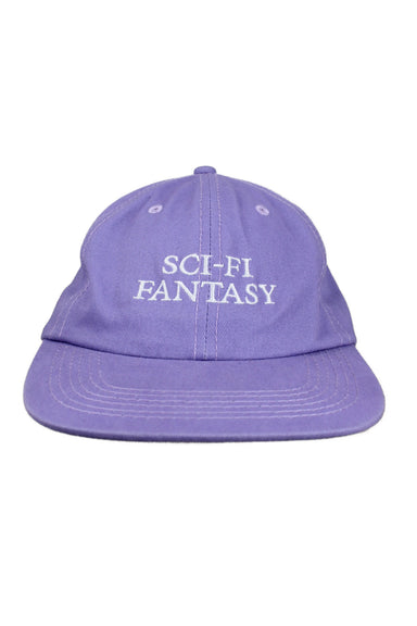 front view of sci-fi fantasy lilac unstructured six panel cotton hat. features ‘sci-fi fantasy’ logo embroidered at front with adjustable snapback closure.