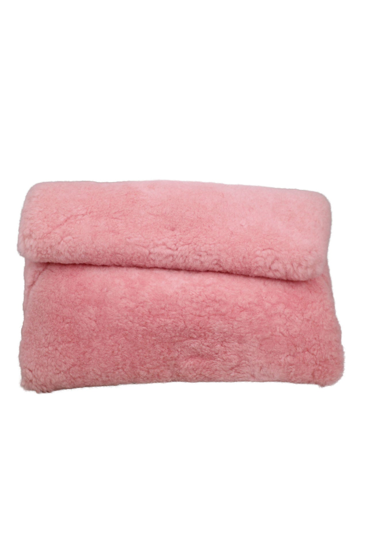 front of hache pink genuine sheepskin shearling fur clutch bag. magnetic flap closure. suede leather lining with zippered lining pocket. 