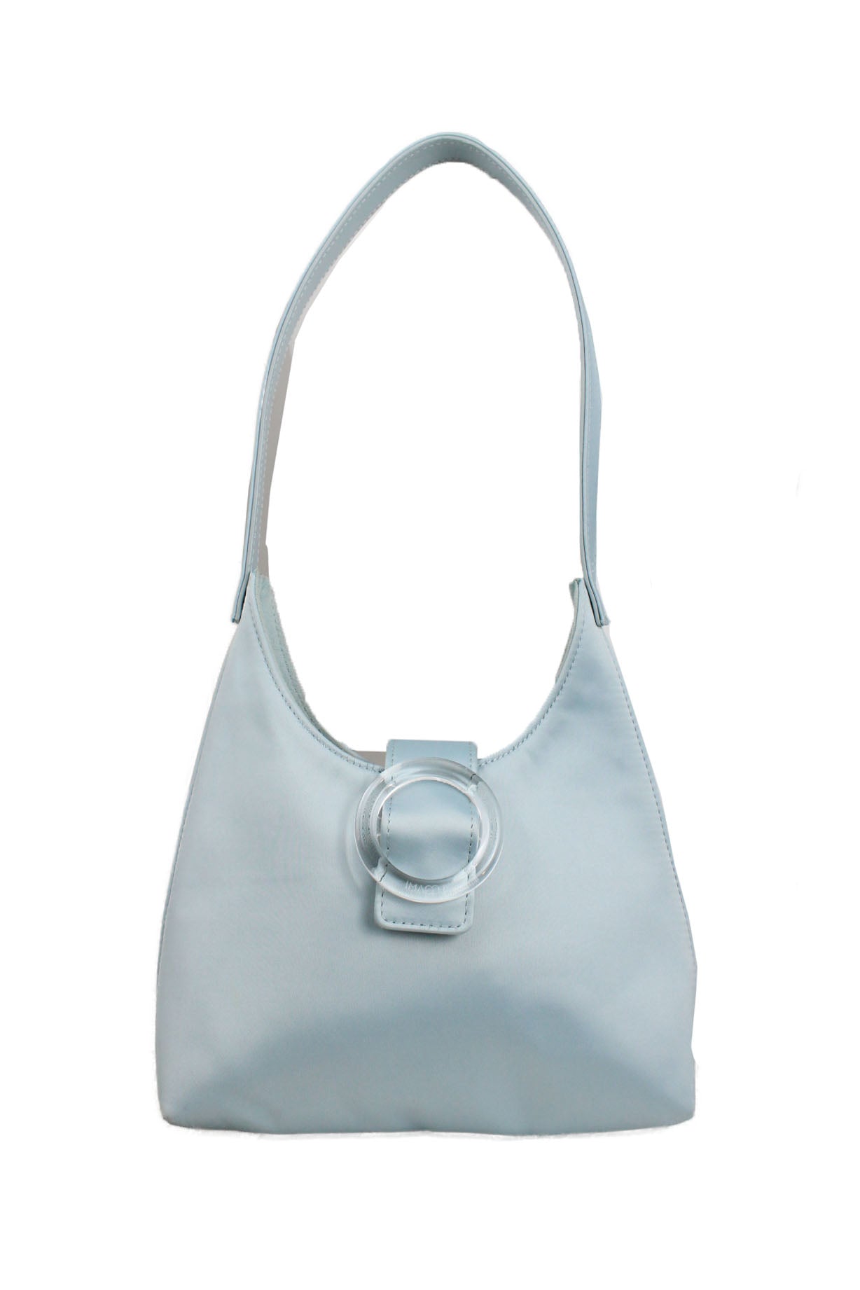 front of imagoa baby blue satin no 44 mini bag. rigid top strap. lucite buckle design with magnetic flap closure. faux suede lining. 