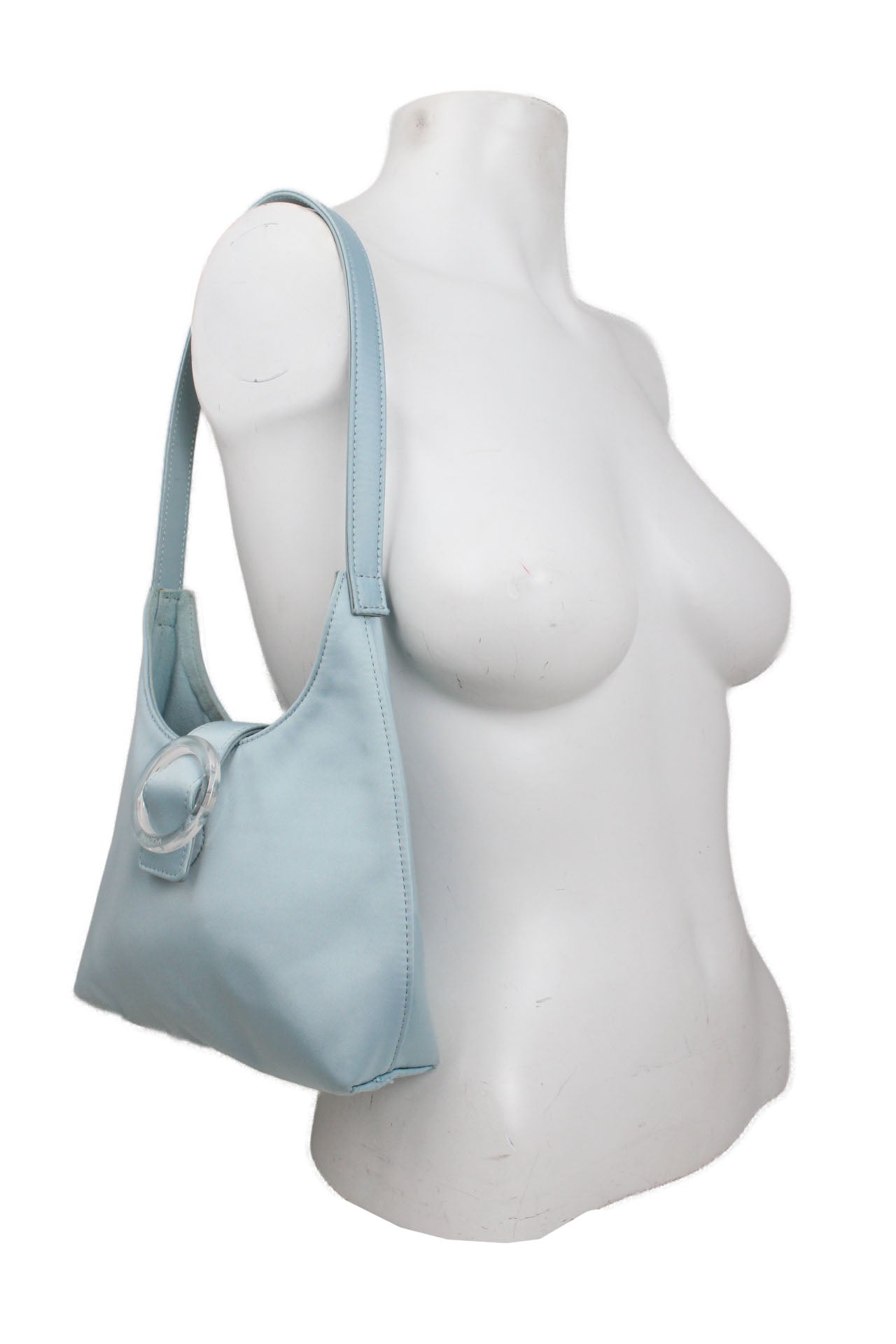 side of bag displayed on female mannequin torso's shoulder