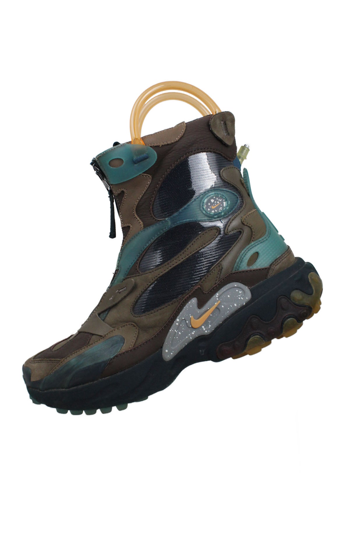 side view of nike x jun takahashi brown/aqua/multi ‘undercover x react boot’. features ‘nike’ logo tab at tongue, ‘undercover jun takahashi’ top zip pull tab closure, swooshes at sides, ‘u’ logo embossed at heel, and inflatable airbag around collar.